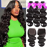 Aelinsi Human Hair Bundles With Closure 12A Brazilian Virgin Body Wave 3 Bundles With 4X4 Lace Closure Preplucked With Baby Hai