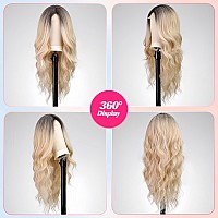 Emmor Long Mixed Blonde And Bleach Blonde Wavy Wig For Women Lace Front Wigs Natural Looking 26 Inch Middle Part Curly Wig Heat