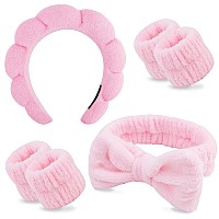 Chanaco Spa Wristband And Pink Puffy Sponge Makeup Headband Set For Face Washing Skin Care Teen Girl Gifts