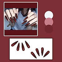 Sinhot Stiletto Press On Nails Extra Long Fake Nails With Glue Glossy False Nails With Red Designs Full Cover Almond Acrylic Nai