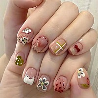 Cute Flower Bow Press On Nails Short Square Fake Nails Irregular Pattern False Nails For Women Diy Charm Manicure Reusable Artif