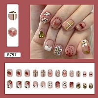 Cute Flower Bow Press On Nails Short Square Fake Nails Irregular Pattern False Nails For Women Diy Charm Manicure Reusable Artif