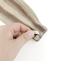 Sassina 22 Inch Tape In Hair Extensions50 Grams Invisible Seamless Skin Tape In Hair Extensions Light Chestnut Brown With Platin