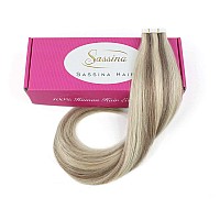 Sassina 22 Inch Tape In Hair Extensions50 Grams Invisible Seamless Skin Tape In Hair Extensions Light Chestnut Brown With Platin