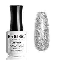 Rarjsm Glitter Gel Nail Polish Platinum Silver Shiny Metallic Silver Diamond Gel Polish Sparkly Chunky Pigments Nail Gel Polish