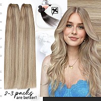 Moresoo Sew In Weft Human Hair Extensions Blonde Highlight Remy Sew In Hair Extensions Real Human Hair Light Brown With Blonde D