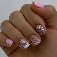 Sinsen Short Press On Nails Square Shape French Stripes Press On Nails Glossy Pink Fake Nails With Adhesive Glue Stickers Fu