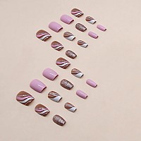 Sinsen Short Press On Nails Square Shape French Stripes Press On Nails Glossy Pink Fake Nails With Adhesive Glue Stickers Fu