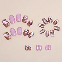 Sinsen Short Press On Nails Square Shape French Stripes Press On Nails Glossy Pink Fake Nails With Adhesive Glue Stickers Fu