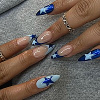 Press On Nails Medium Almond Mabkjlf French Tip Fake Nails Blue Full Cover Y2K Press On Nails Star False Nails With Designs Glos