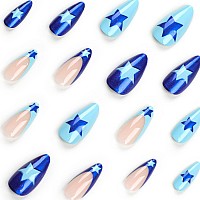 Press On Nails Medium Almond Mabkjlf French Tip Fake Nails Blue Full Cover Y2K Press On Nails Star False Nails With Designs Glos