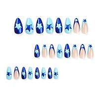 Press On Nails Medium Almond Mabkjlf French Tip Fake Nails Blue Full Cover Y2K Press On Nails Star False Nails With Designs Glos