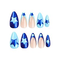 Press On Nails Medium Almond Mabkjlf French Tip Fake Nails Blue Full Cover Y2K Press On Nails Star False Nails With Designs Glos