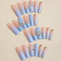 Yoyoee Long Coffin Press On Nails French False Nails Acrylic Cute Butterfly Fake Nails Daisy Nails Tips For Women And Girls 24Pc