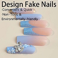 Yoyoee Long Coffin Press On Nails French False Nails Acrylic Cute Butterfly Fake Nails Daisy Nails Tips For Women And Girls 24Pc