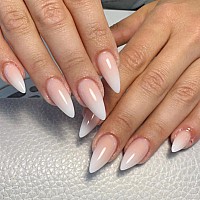 Mervf Almond Press On Nails Medium Fake Nails Ombre White French Tip Stiletto Glue On Nails With Design Acrylic Nails Press Ons