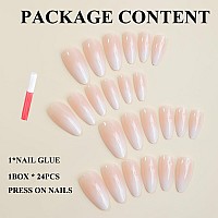 Mervf Almond Press On Nails Medium Fake Nails Ombre White French Tip Stiletto Glue On Nails With Design Acrylic Nails Press Ons