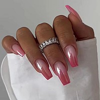 Mervf Coffin Press On Nails Long Fake Nails Pink French Tip Ballerina Glue On Nails With Chrome Design Artificial Acrylic Nails