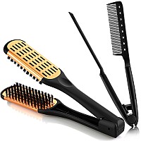 Chengu 2 Pcs Hair Straightening Combs Boar Bristles Clamp Double Sided Brush V Shaped Styling Hair Comb For Straightening Kn