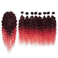 D But Ombre Red Coral Synthetic Hair 8 Bundles With Simple Closure Water Wave High Temperature Fiber Wavy Hair Weave 9Pcs 20 In