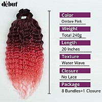 D But Ombre Red Coral Synthetic Hair 8 Bundles With Simple Closure Water Wave High Temperature Fiber Wavy Hair Weave 9Pcs 20 In