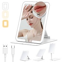 Rechargeable Travel Makeup Mirror With 10X Magnifying Mirror Led Vanity Mirror With Portable Adjustable Stand3 Color Dimmable