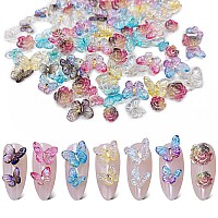 Kwolykim 80Pcs 3D Butterfly Nail Charms 6 Colors Resin Butterfly Flower Shape Acrylic Nail Art Rhinestones For Diy Manicure D