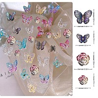 Kwolykim 80Pcs 3D Butterfly Nail Charms 6 Colors Resin Butterfly Flower Shape Acrylic Nail Art Rhinestones For Diy Manicure D