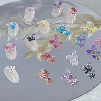 Kwolykim 80Pcs 3D Butterfly Nail Charms 6 Colors Resin Butterfly Flower Shape Acrylic Nail Art Rhinestones For Diy Manicure D