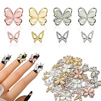 Kwolykim 50Pcs Butterfly Nail Charms 4 Colors Shiny Alloy 3D Butterfly Shape Nail Art Rhinestones Decoration Cat Eye Nail Gems