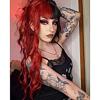 Evlynn Red Black Wigs With Bangs Long Loose Wavy Curly Hair Synthetic Fiber Glueless No Lace Wig For Women Red Balck 24 In