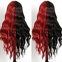 Evlynn Red Black Wigs With Bangs Long Loose Wavy Curly Hair Synthetic Fiber Glueless No Lace Wig For Women Red Balck 24 In