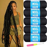 Ruiyok 5 Roll Brazilian Wool Hair Hand Knitting Brazilian Wool For Braiding Hair Natural Black Wool Hair For Crochet Braid Faux