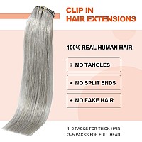 Silver Clip In Hair Extensions Real Human Hair 70G Gray Remy Human Hair Clip In Extensions 12 Inch Soft Silky Straight For Full