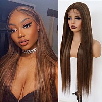 Lovestory 42730 Synthetic Lace Front Wigs With Baby Hair 30 Inch Long Straight Glueless Lace Wigs Pre Plucked Highlights Brown