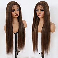 Lovestory 42730 Synthetic Lace Front Wigs With Baby Hair 30 Inch Long Straight Glueless Lace Wigs Pre Plucked Highlights Brown