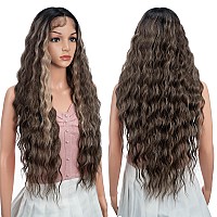 Joedir 30 Long Wavy Lace Front With 15X45 Deep Part Lace Wig Heat Resistant Synthetic Wigs For Women 130 Densitydark Brow