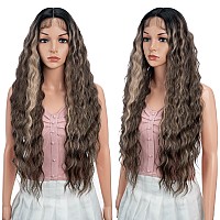 Joedir 30 Long Wavy Lace Front With 15X45 Deep Part Lace Wig Heat Resistant Synthetic Wigs For Women 130 Densitydark Brow