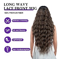 Joedir 30 Long Wavy Lace Front With 15X45 Deep Part Lace Wig Heat Resistant Synthetic Wigs For Women 130 Densitydark Brow