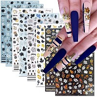 8Sheets Fall Nail Art Stickers 3D Maple Leaf Nails Art Supplies Holographic Autumn Maple Leaves Gold Black Silver Design Laser S