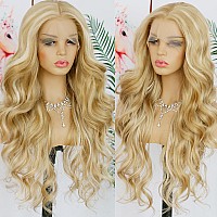 Andria Honey Blonde Highlight Lace Front Wig Loose Wave Wigs With Baby Hair Dirty Blonde Streak Wig Glueless Lace Wigs Long Body