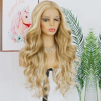 Andria Honey Blonde Highlight Lace Front Wig Loose Wave Wigs With Baby Hair Dirty Blonde Streak Wig Glueless Lace Wigs Long Body