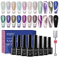 Mizhse Cat Eye Gel Nail Polish Auroras Magnetic Gel Polish Set 8 Colors With Magnet Stick Shiny Glitter Cateye Gel Polish Blue