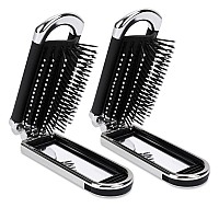 2 Pack Folding Travel Hair Brush For Women And Men Small Portable Hairbrush With Mirror Mini Collapsible Pocket Size Brush Comp