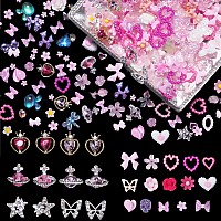 3D Pink Color Assorted Alloy Nail Charms Planet Heart Butterfly Star Metal Nail Charms Pink Color Heart Flower Butterfly Bows 3D