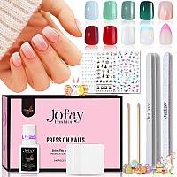 Jofay Fashion 10Pack Gel Press On Nail Short Kit Acrylic Fake Nails With 7Ml Glue 240Pcs Almond Flower Designs Artificial False