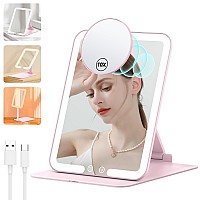 Rechargeable Travel Makeup Mirror With 10X Magnifying Mirror Led Vanity Mirror With Portable Adjustable Stand3 Color Dimmable