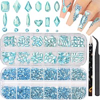 Hnuix Nail Rhinestones 2920Pcs 3D Multi Shape Size Aquamarine Nail Gems Flat Back With Kit For Nail Art Diy Decorations