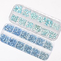 Hnuix Nail Rhinestones 2920Pcs 3D Multi Shape Size Aquamarine Nail Gems Flat Back With Kit For Nail Art Diy Decorations