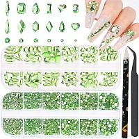 Hnuix Nail Rhinestones 2920Pcs 3D Multi Shape Size Light Green Nail Gems Flat Back With Kit For Nail Art Diy Decorations